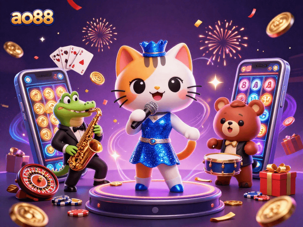 Play exciting casino games at ao88 with colorful slot machines and character performances.