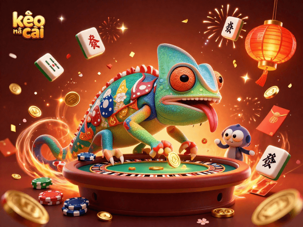 Experience the excitement of kèo nhà cái with a vibrant casino illustration featuring a chameleon and gold coins.