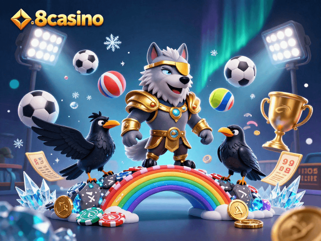 Experience the excitement of s8casino with Norse-inspired gaming characters in a vibrant casino setting.