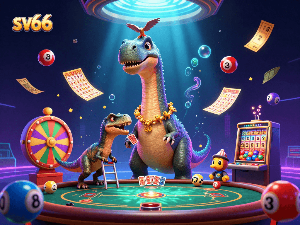 Experience dynamic gaming action at sv66 with vibrant lottery elements in a casino-themed illustration.