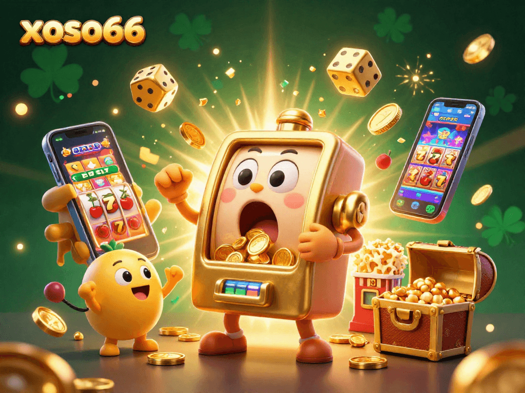 xoso66 celebrates as a golden slot machine hits the jackpot, overflowing with coins among cheering friends.
