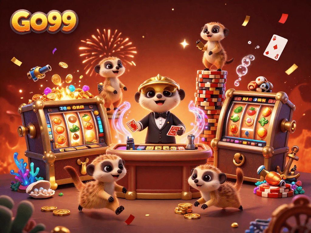 GO99 meerkats run a lively casino with colorful gems and celebratory elements.