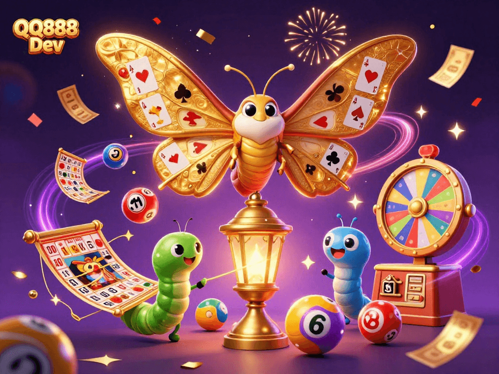 Experience the excitement of QQ888 Dev featuring an illustrated atlas moth amidst vibrant casino elements and colorful lottery balls.