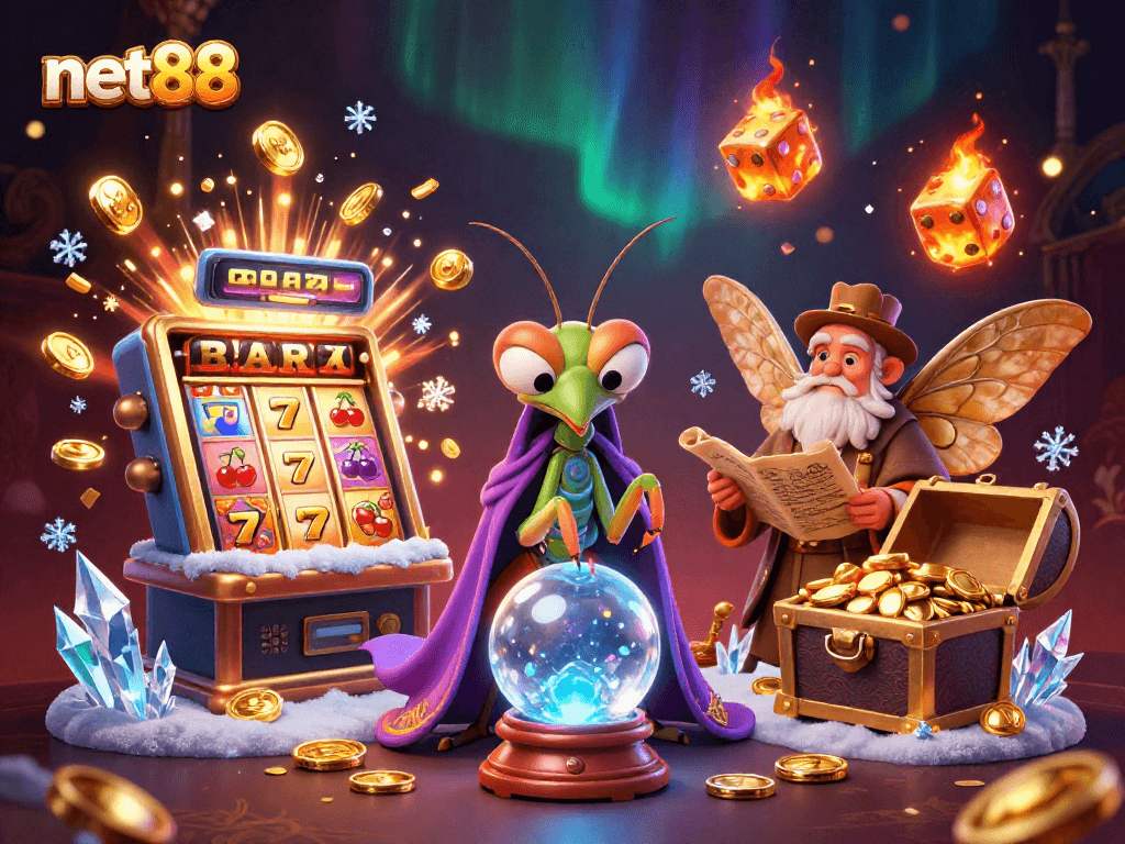 Win big at net88 with a colorful casino scene featuring a fortune teller and intriguing game elements.