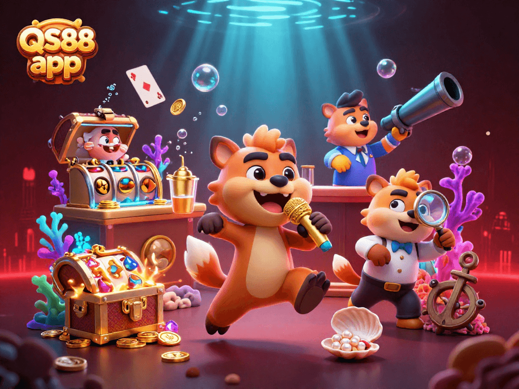 Experience the vibrant QS88 app with a lively casino scene featuring hyenas and dynamic game elements.