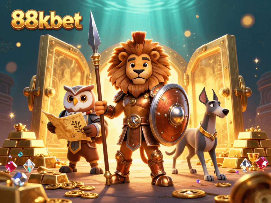 Experience the thrilling world of 88kbet with a Spartan lion and jewels in a dynamic, immersive casino illustration.