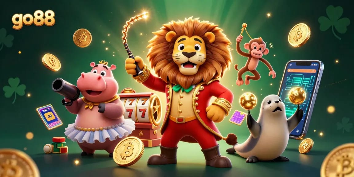 Engage in the bright world of go 88, featuring vibrant circus characters amidst exciting slot game icons.
