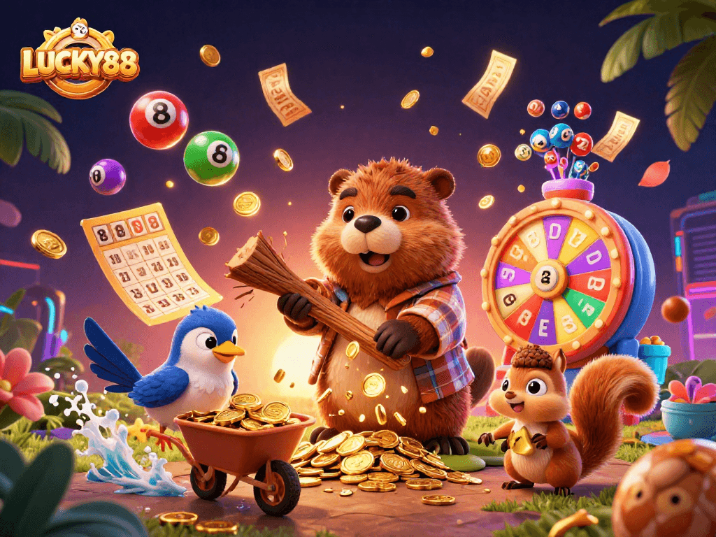 Win big with LUCKY88 in this vibrant 3D illustration showing a beaver collecting glowing coins!