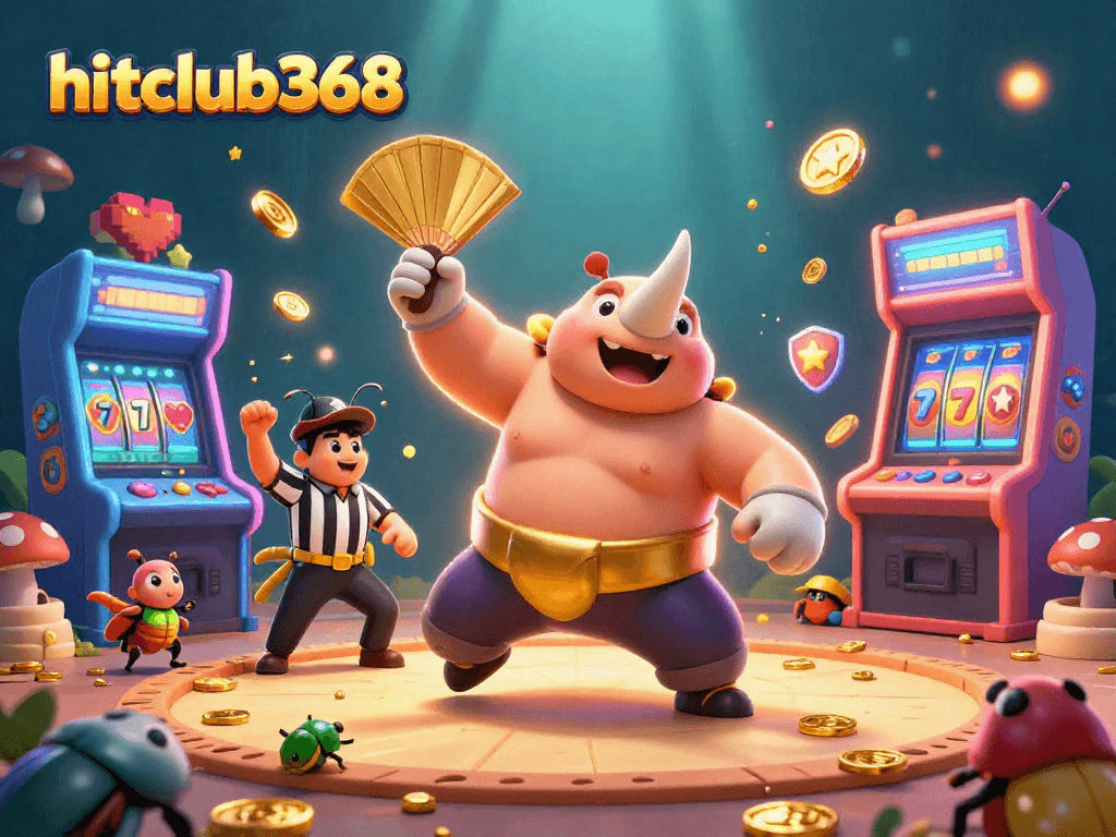 Experience high-energy gaming action at hitclub368, featuring vibrant illustrations of winning moments.
