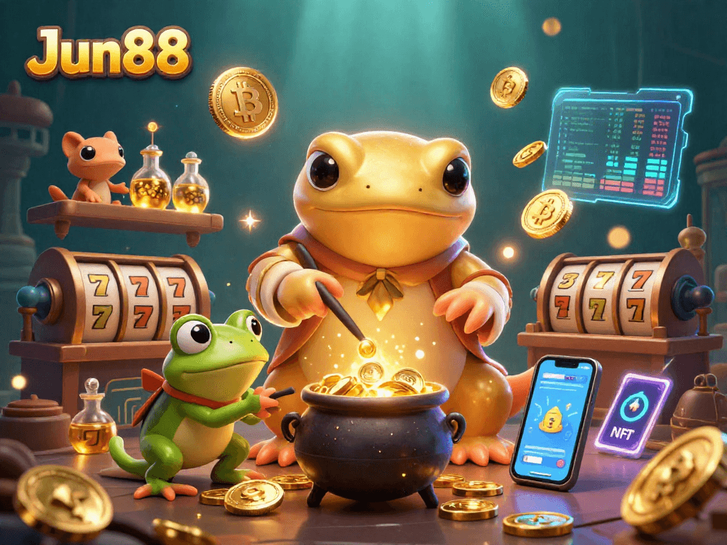 Join Jun88's golden gaming adventure with vibrant casino elements and crypto treasures.