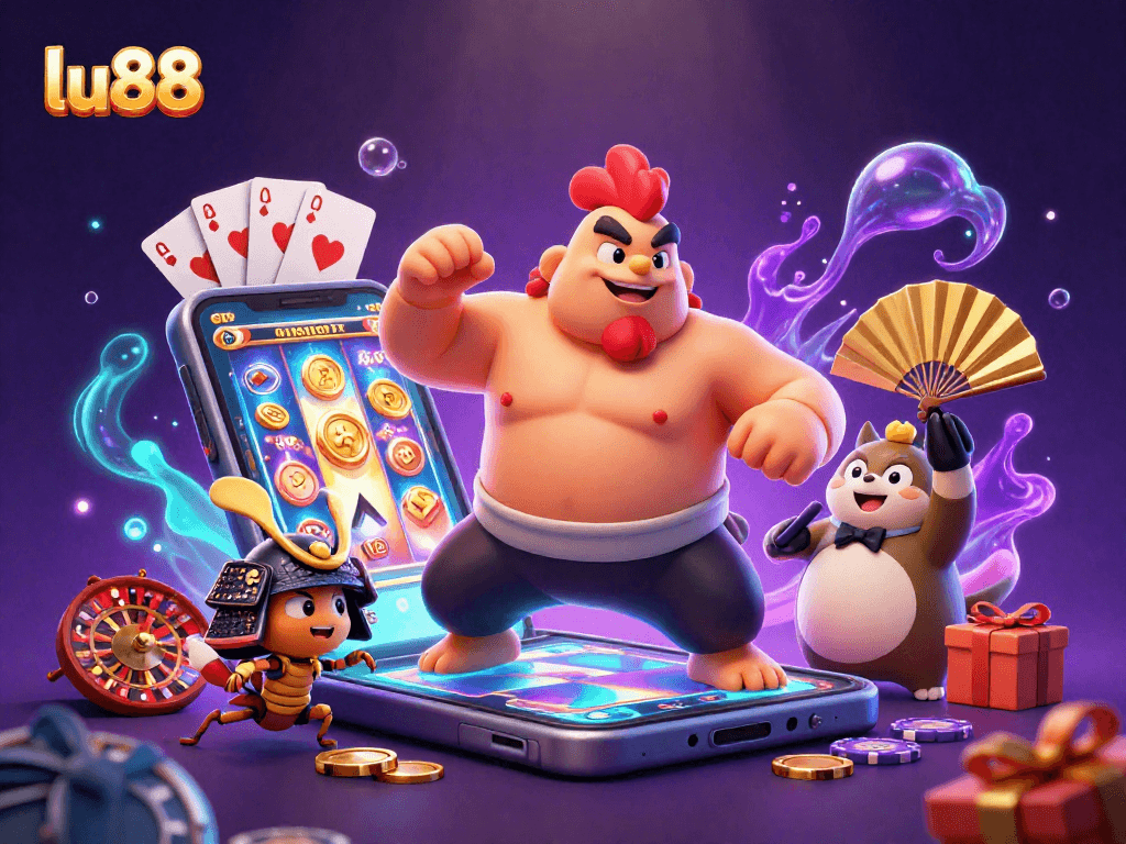 lu88's exciting casino scene featuring a powerful sumo rooster with dynamic gaming elements.