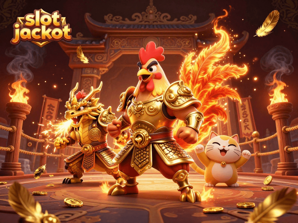 Slot jackpot dengan ayam jantan bersenjata dan naga berapi di arena permainan judi