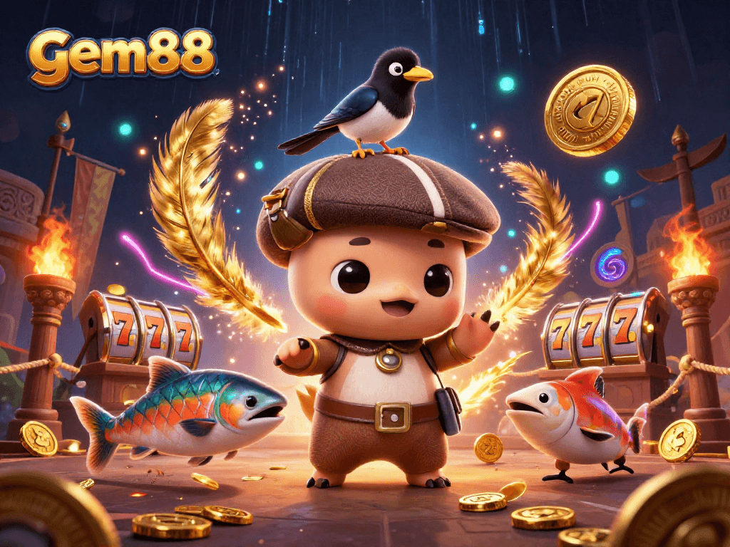 Experience thrilling moments at gem88 with a vibrant 3D illustration of baby Nessie and casino elements.