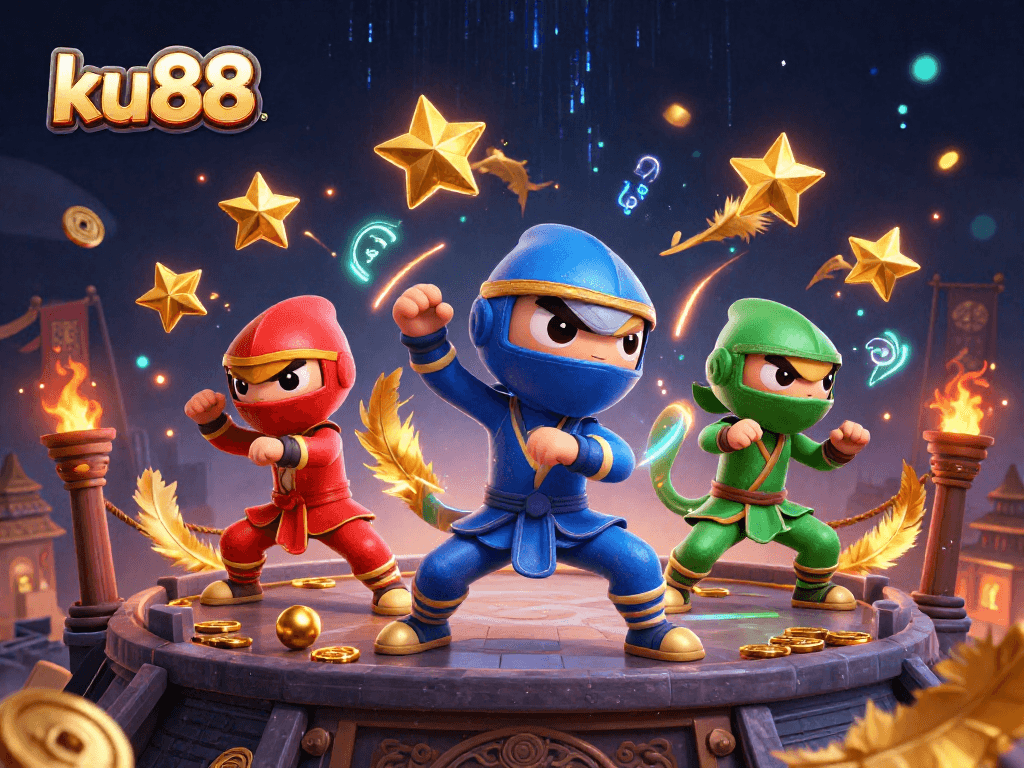 Engage with ku88: Ninja chameleons in action amidst a vibrant casino arena.