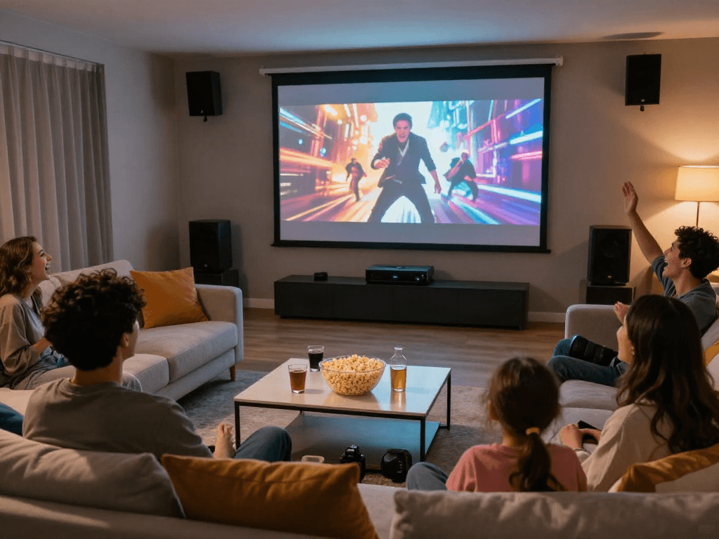 Moviebox home theater scene with viewers enjoying a cinematic experience with vibrant visuals and cozy atmosphere.