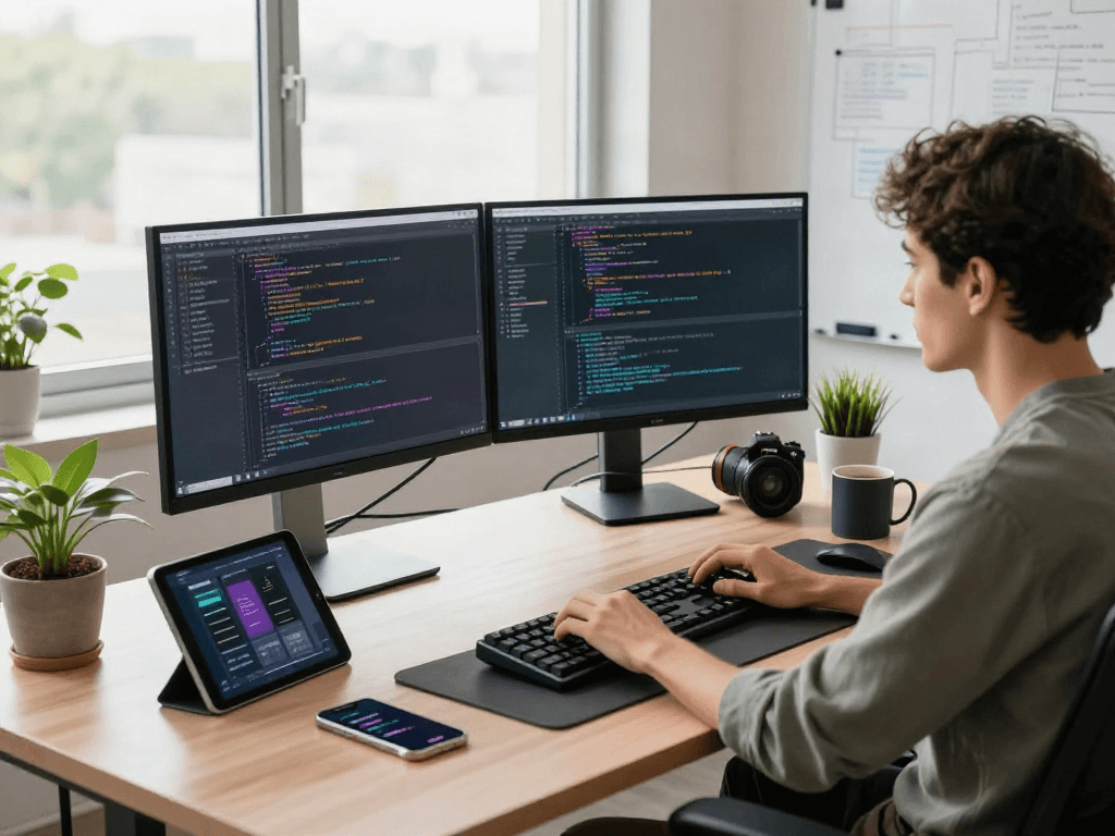 Professional developer using gb whatsapp and coding in a modern workspace.
