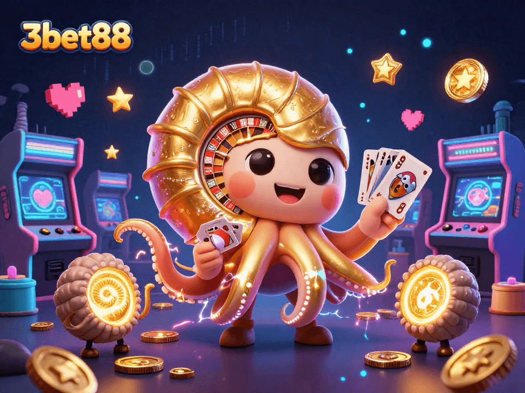 Experience the thrill of 3bet88 with a vibrant 3D casino scene featuring games and action.