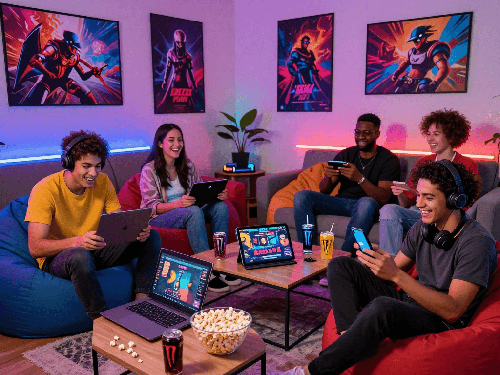 Players enjoying porn games on multiple devices in a lively living room environment.