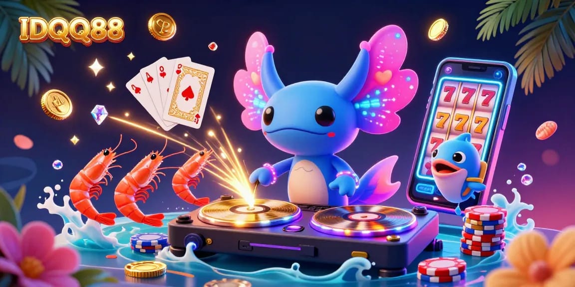 Experience the vibrant energy of IDQQ88 with a colorful underwater casino party featuring unique characters and gaming elements.