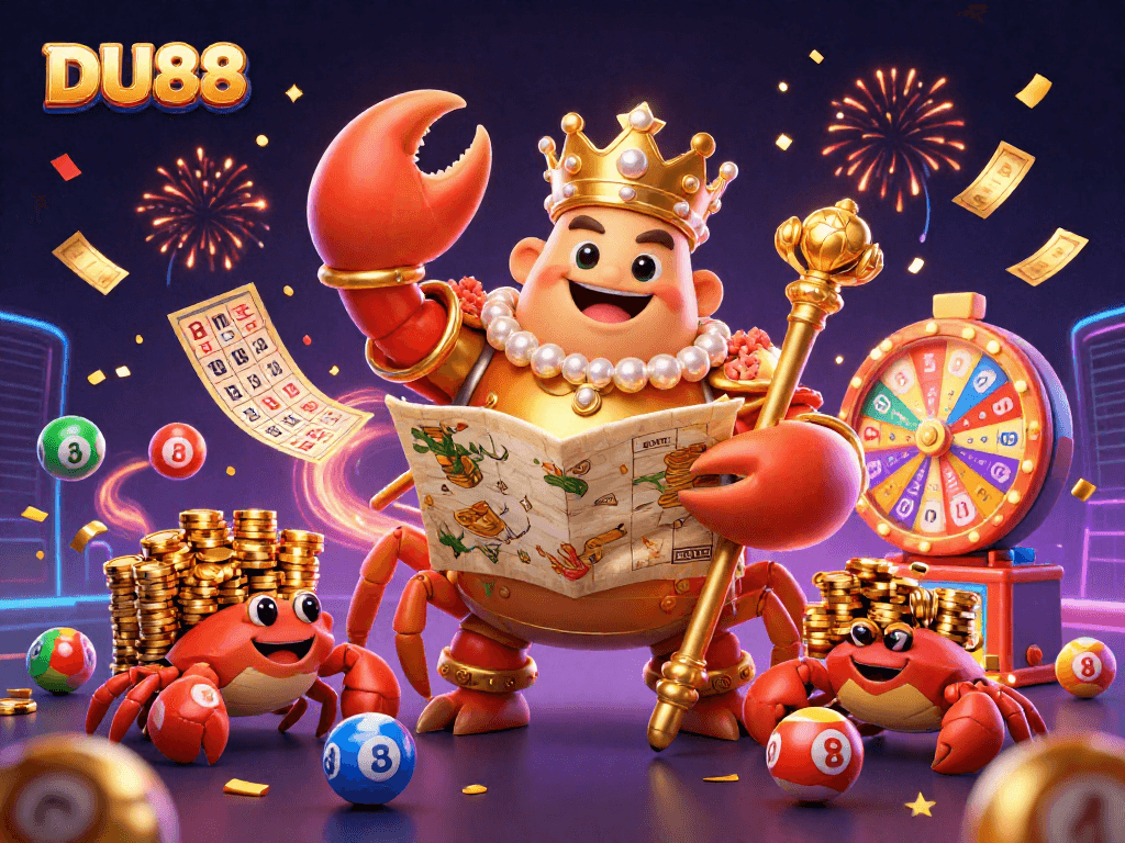 Win big with DU88 as the golden crab emperor commands a vibrant casino game scene.