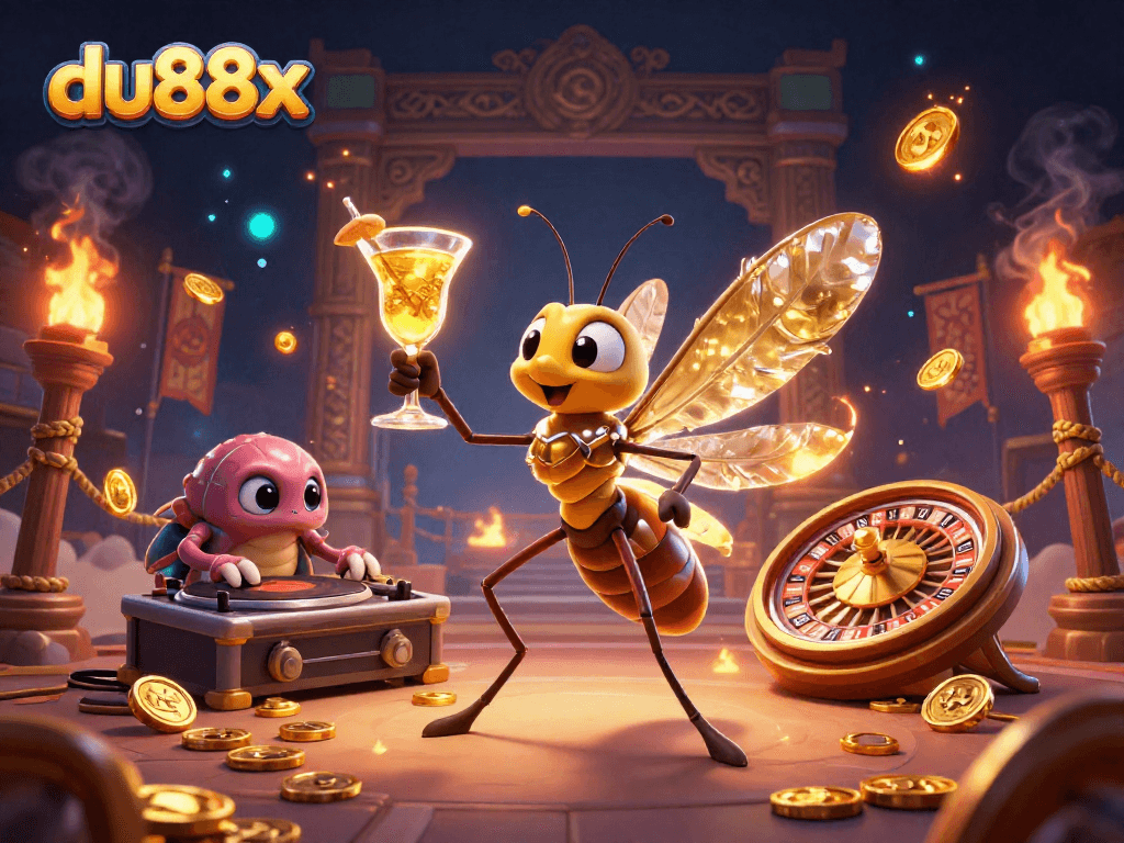 Experience du88x with vibrant casino elements featuring a resurrected mosquito mascot and dynamic DJ scene.