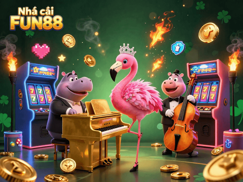 Experience the vibrant atmosphere at Nhà cái FUN88 with colorful 3D characters and gaming icons.