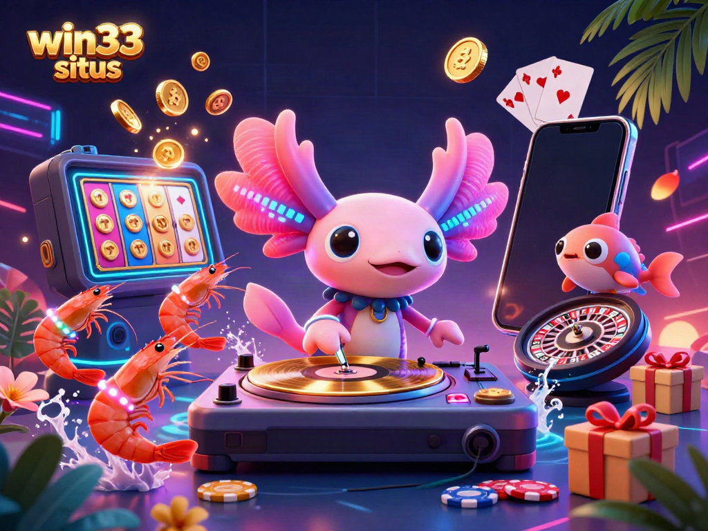 Engage with the vibrant win33 situs scene showcasing a neon axolotl DJ and interactive gaming elements.