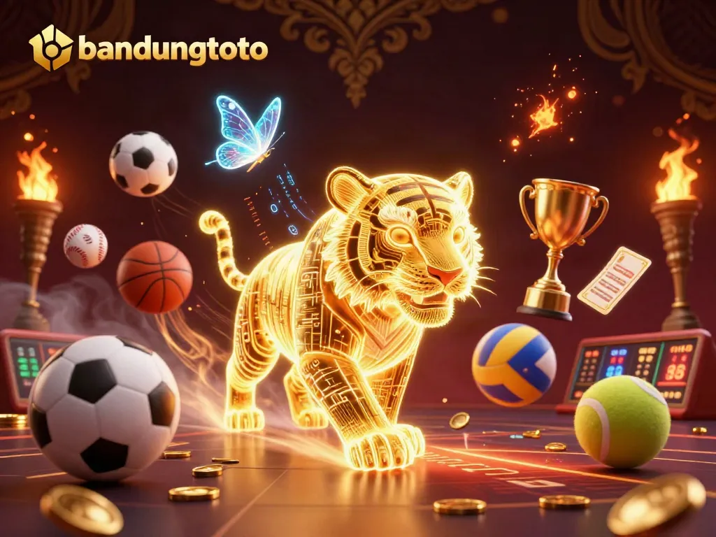 Engage with bandungtoto in a vibrant 3D casino scene featuring a golden tiger and dynamic sports elements.