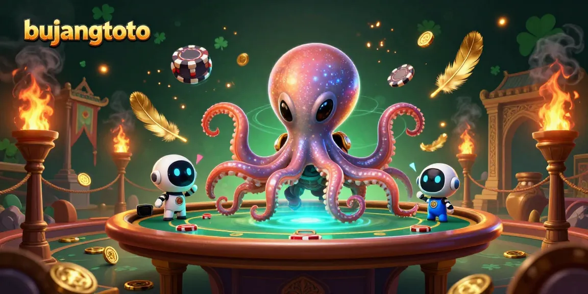 Engaging bujangtoto scene with an alien octopus at a poker table surrounded by vibrant game elements.
