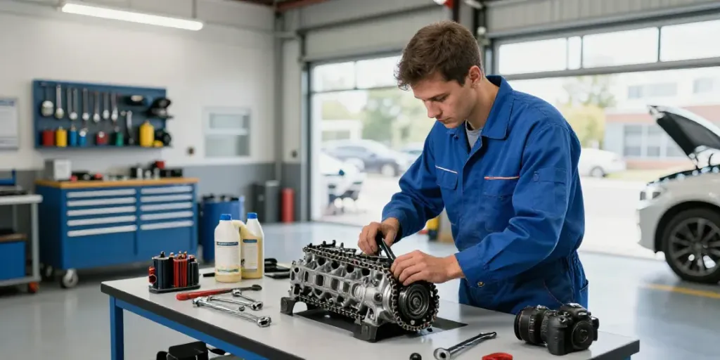 Mechanic inspecting engine timing chain in Hannover for steuerkette wechseln hannover service.