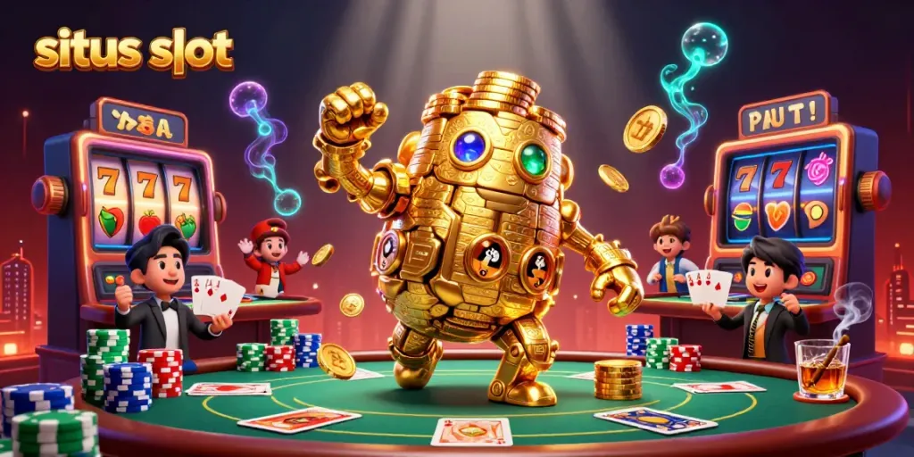 Engage the thrill of situs slot with vibrant 3D golem, slot reels, and poker elements.