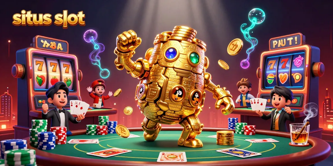 Engage the thrill of situs slot with vibrant 3D golem, slot reels, and poker elements.