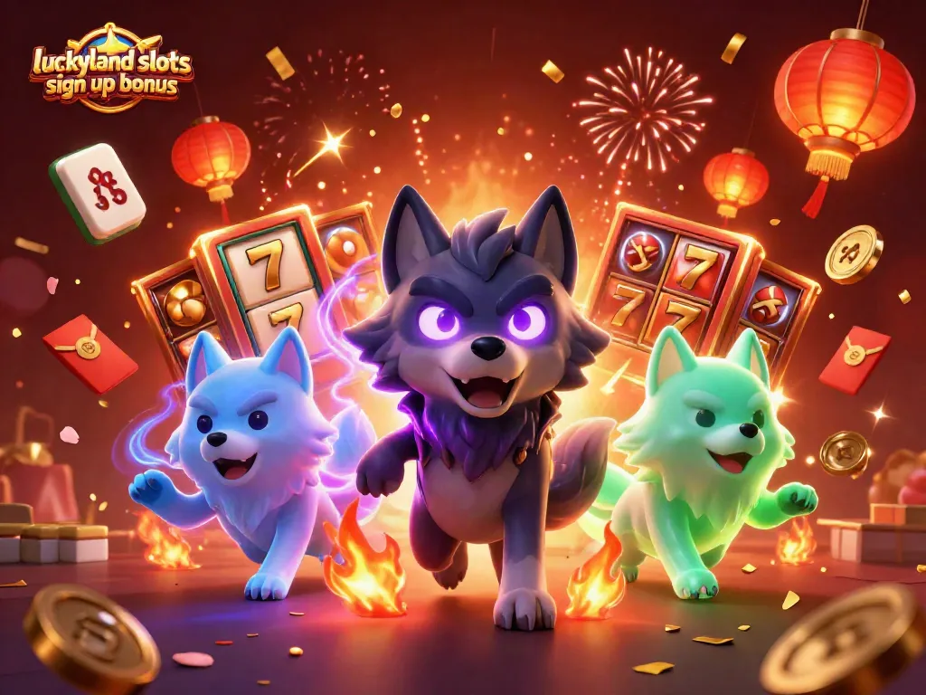 Enjoy the luckyland slots sign up bonus with thrilling gaming action, featuring shadow wolves and vibrant casino elements.