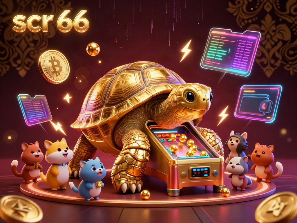 Engage with scr 66's thrilling casino experience featuring a golden tortoise pinball machine in a vibrant environment.