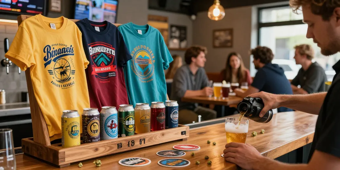Merchandise craft beer di taproom dengan t-shirt unik dan coaster, rajalangit77.