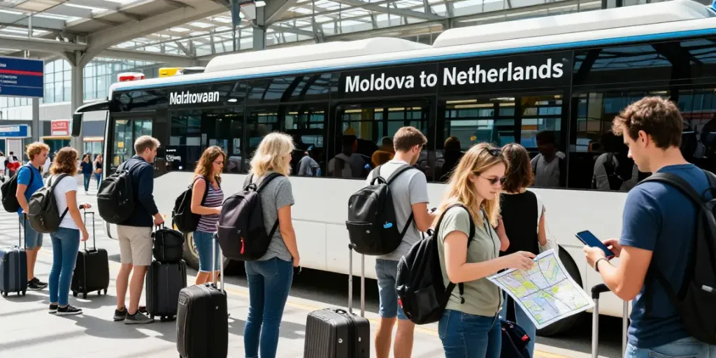 Transport Moldova Olanda - pasageri așteptând autobuzul în terminalul internațional