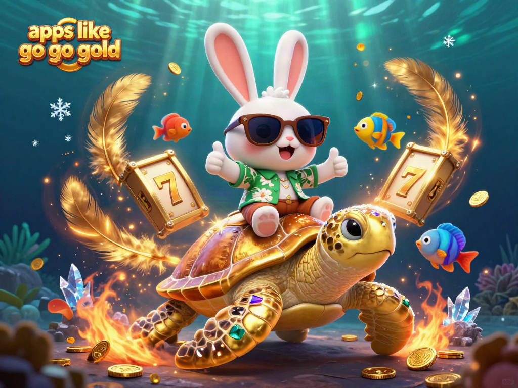 Engage with apps like go go gold featuring a cartoon lucky rabbit and golden turtle in a vibrant casino scene.