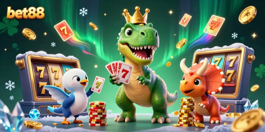 Experience thrilling gaming with bet88 as a T-Rex shuffles cards in a vibrant casino atmosphere.