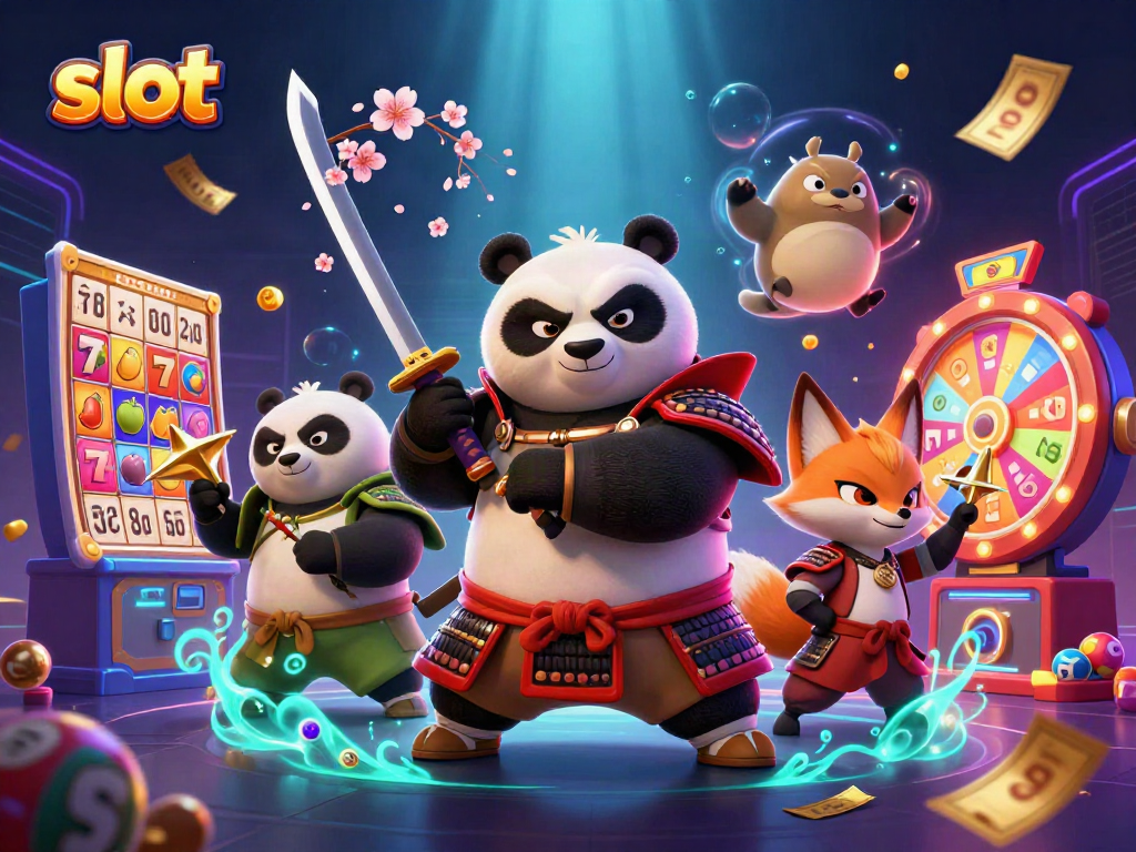 Slot yang memukau ditampilkan dengan karakter panda, rubah, dan tanuki di kasino.