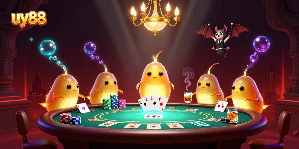 The uy88 themed cartoon casino scene features glowworms and a bat dealer in action.