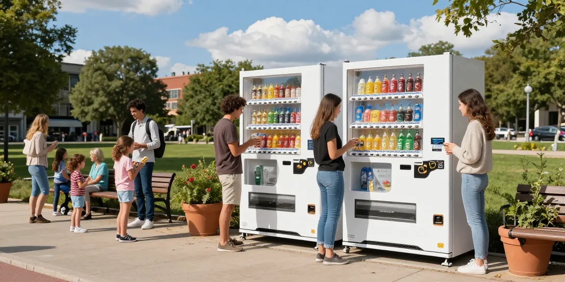 Vending machines profitable scene with diverse people enjoying snacks in urban park.