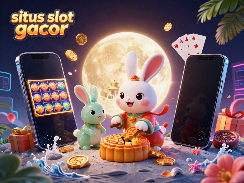 Ilustrasi 3D hiburan, situs slot gacor menampilkan kelinci bulan memukulkan kue bulan di permukaan bulan.