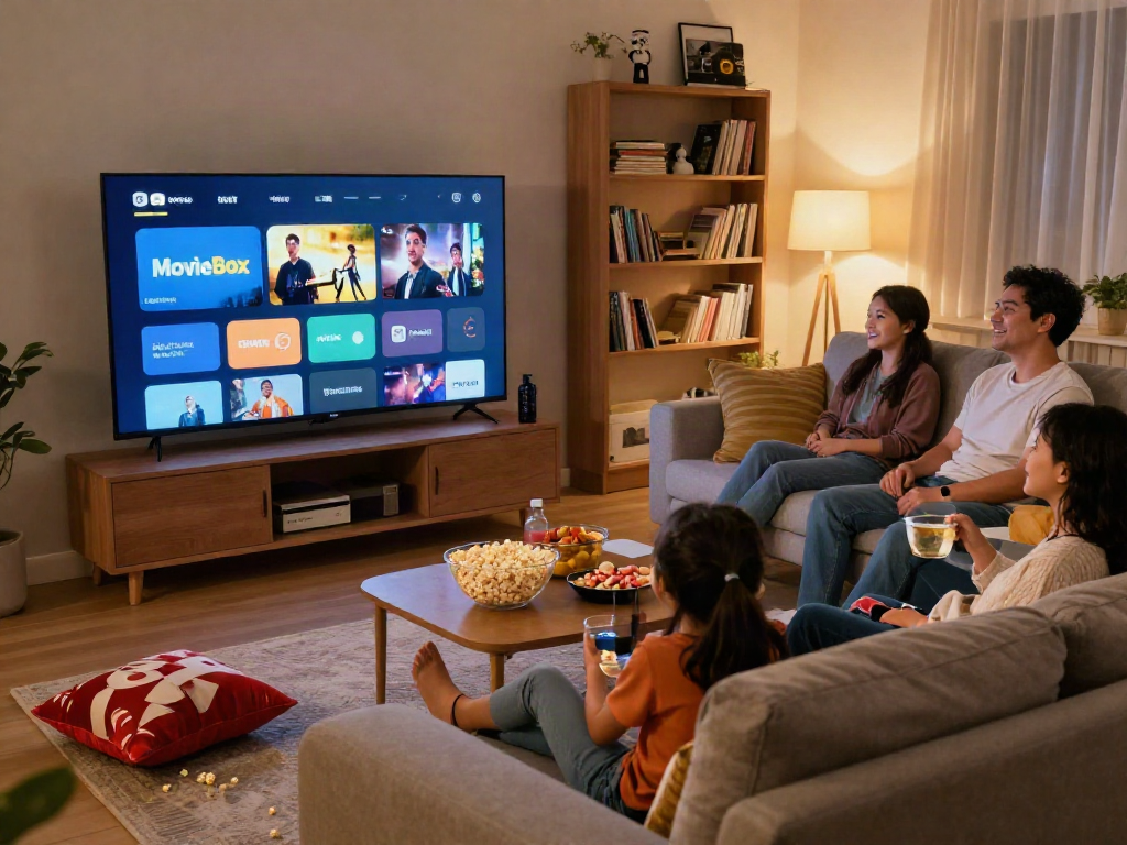 Family enjoying movie night with Moviebox app on smart TV, cozy living room setting.