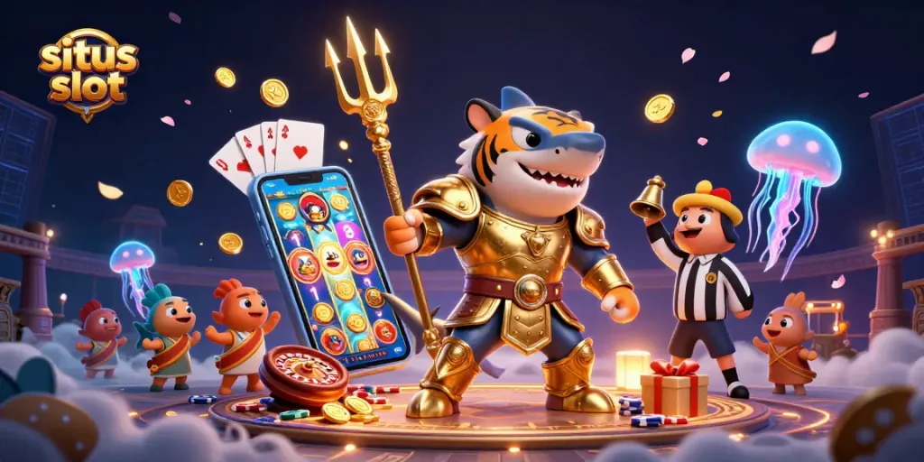Experience exhilarating situs slot action with a vibrant underwater colosseum scene featuring a golden gladiator shark.