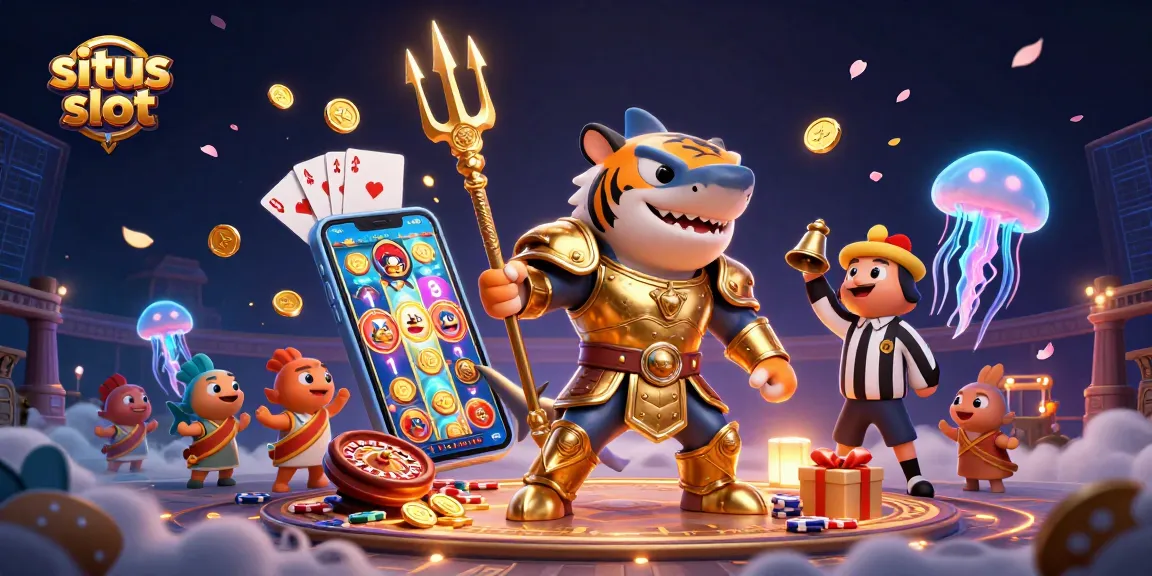 Experience exhilarating situs slot action with a vibrant underwater colosseum scene featuring a golden gladiator shark.