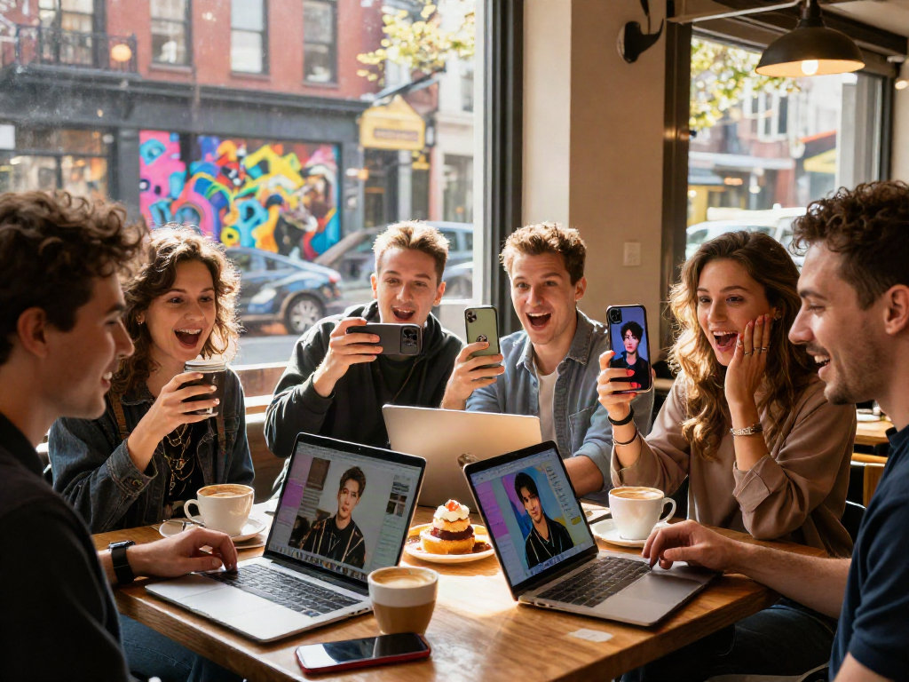 Group enjoying celebrity look-alike app while sharing smiles and coffee.