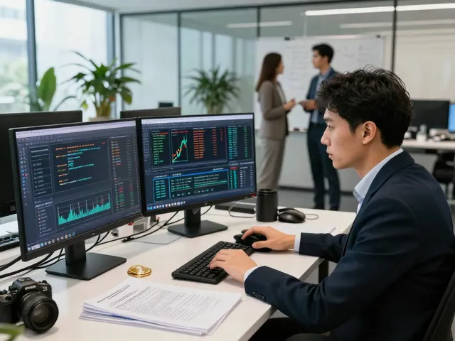 Forensic accountant in cryptocurrency investigation analyzing blockchain data in modern office