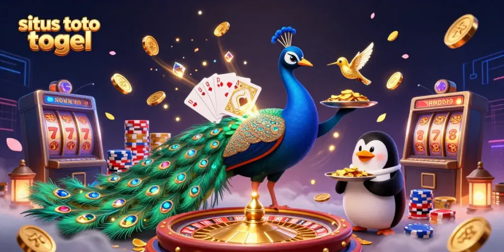 Experience excitement with situs toto togel, featuring an extravagant peacock, a butler penguin, and a brilliant hummingbird in vibrant casino action.