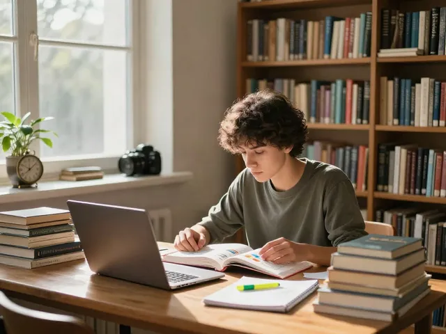 Student focused on additional reading in a cozy library setting, surrounded by books and study materials.