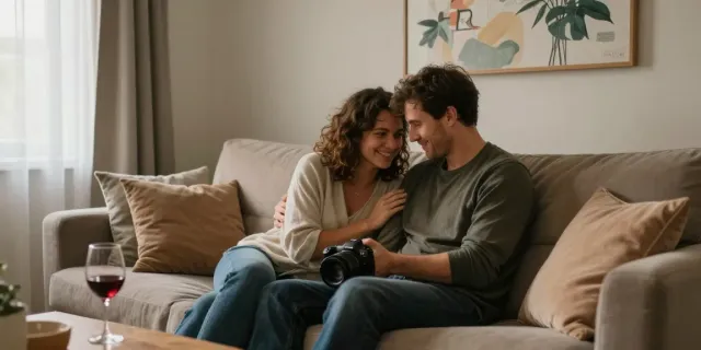 لقاء حميم بين زوجين في غرفة معيشة دافئة، تبرز مشاعر السكس العربي محارم.